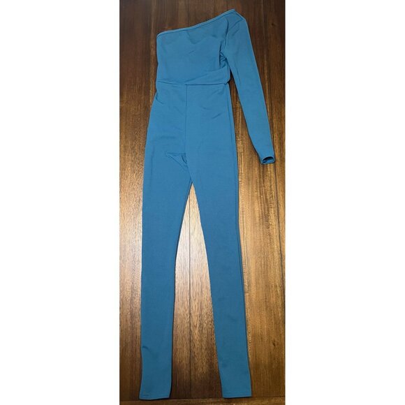 Pretty Little Thing Sz 0 One Shoulder Blue Turquoise Jumpsuit - Picture 2 of 3